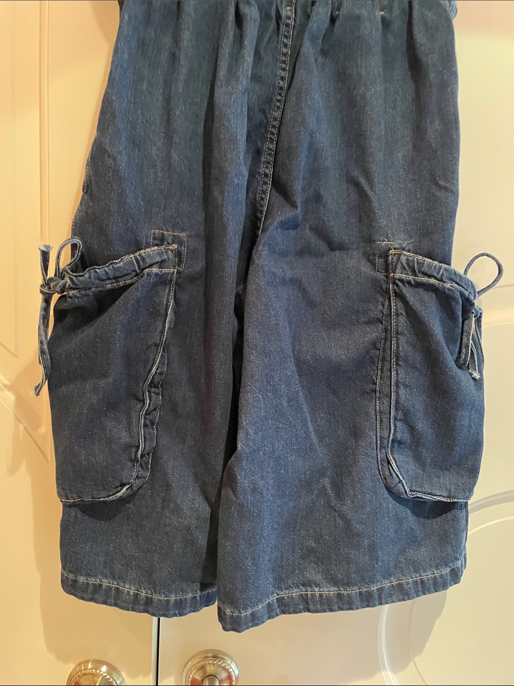 Dark Blue Denim Cargo Skirt with Drawstring Pockets - Picture 3 of 3